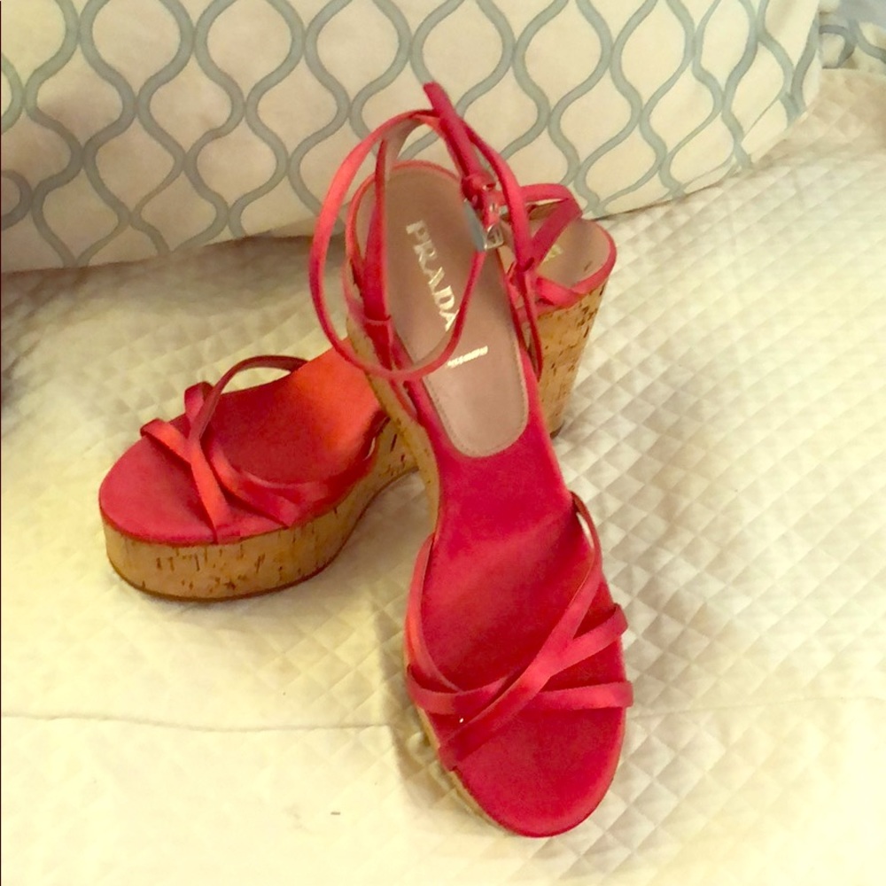 Prada bright pink wedge sandals